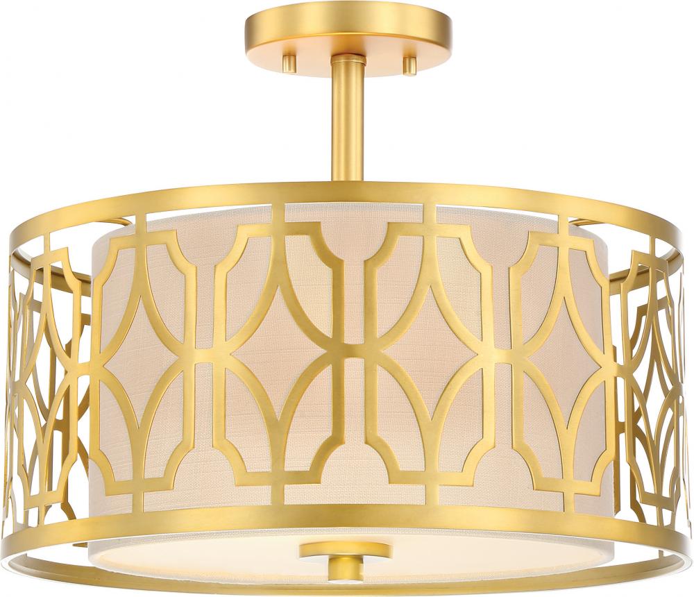 Filigree - 2 Light Semi Flushwith Beige Linen Shade - Natural Brass Finish